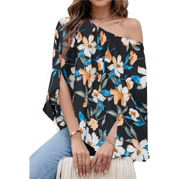 Multi Floral Print Chiffon‎  Off Shoulder Flowy Top Batwing Sleeve Blouse Shirt - Picture 5 of 5